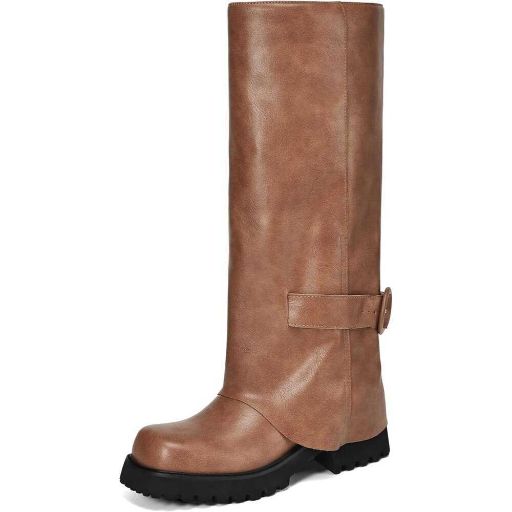 Women's Brown Knee High Riding Boots Square Toe Chunky Low Heel Motorcycle Boots